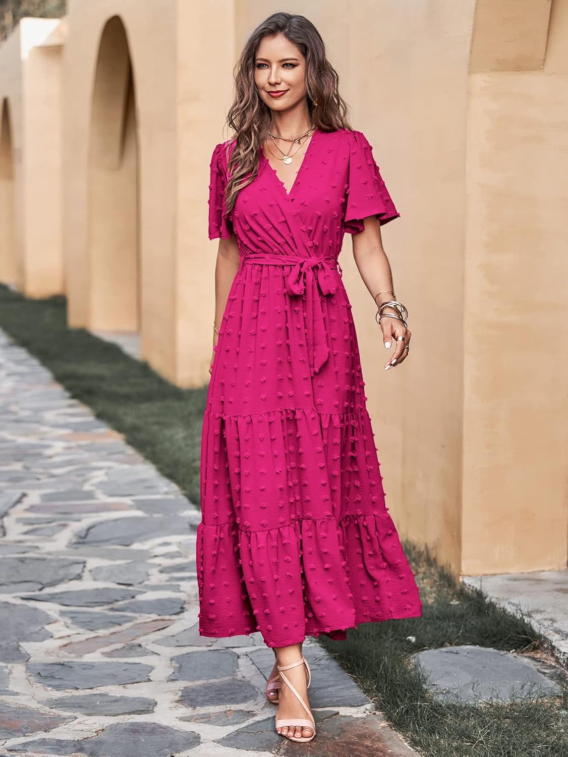 MASCOMODA Womens Boho Swiss Dot Maxi Dresses Wrap V Neck Flutter Short Sleeve Solid Tie Belt A Line Tiered Flowy Long Dress