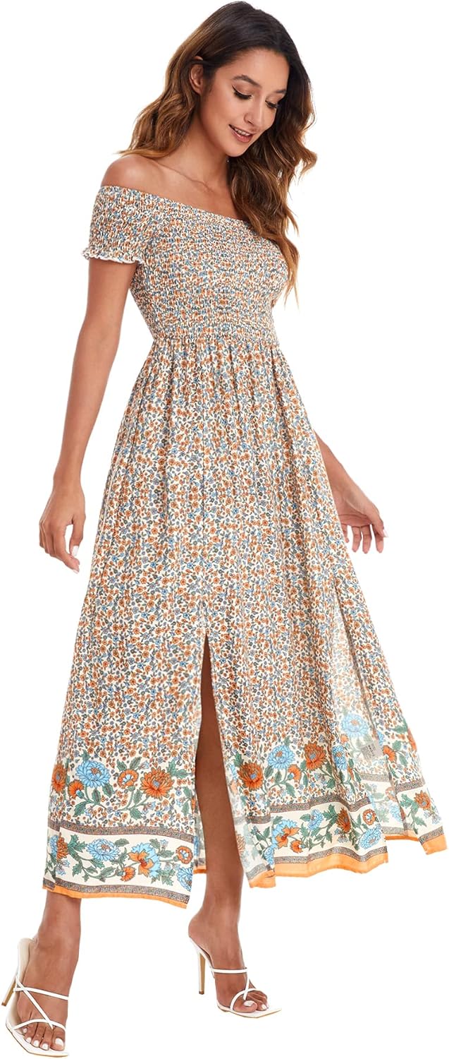 Floerns Women's Boho Floral Print Off Shoulder Split Long A Line Dress