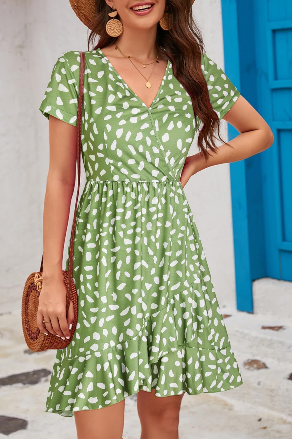 ULTRANICE Womens Summer Dresses Floral V Neck Ruffled Hem Spaghetti Spring Casual Beach Outfits Flowy Wrap Sun Dress