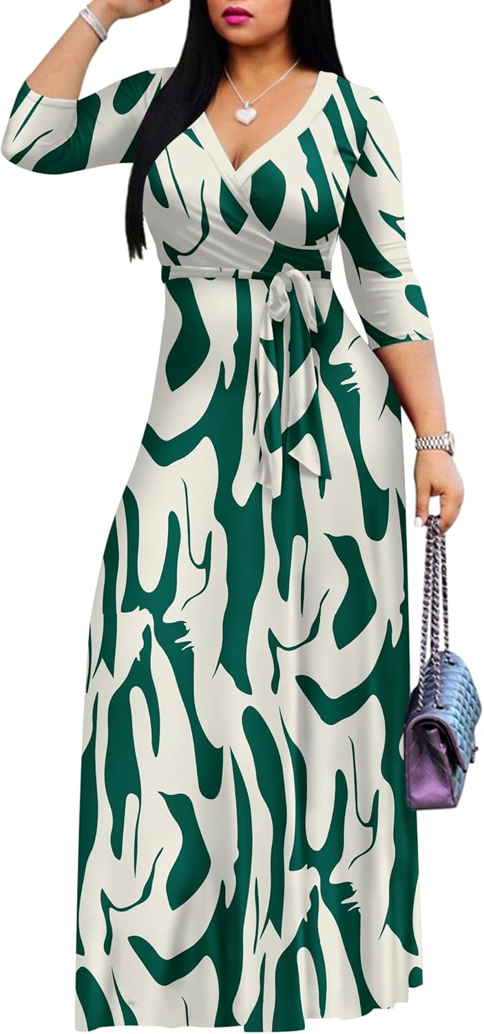 FANDEE Plus Size Maxi Dress for Women Casual Summer Sundress V-Neck 3/4 Sleeve