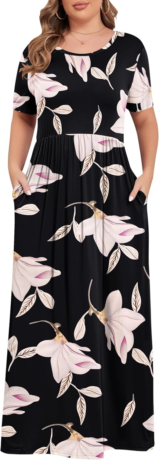 KARALIN Women’s Plus Size Maxi Dresses for Curvy Women Summer Casual Short Sleeve 2025 Long Dress 14W-26W