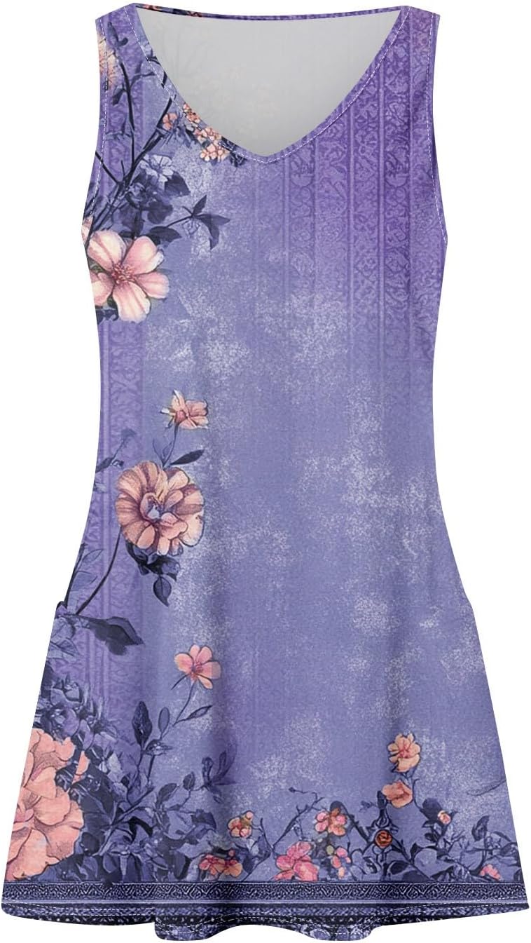 Women's Sleeveless Floral Print Summer Dress Casual V-Neck A-Line Mini Dress for Beach Party and Daily Wear