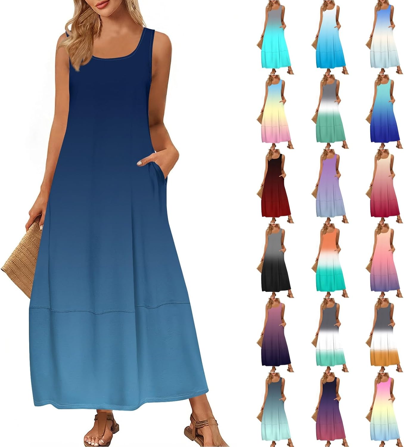 Womens Summer Tank Dress Vacation Boho Floral Long Dresses with Pockets Resort Wear Swing Beach Sleeveless Sundress