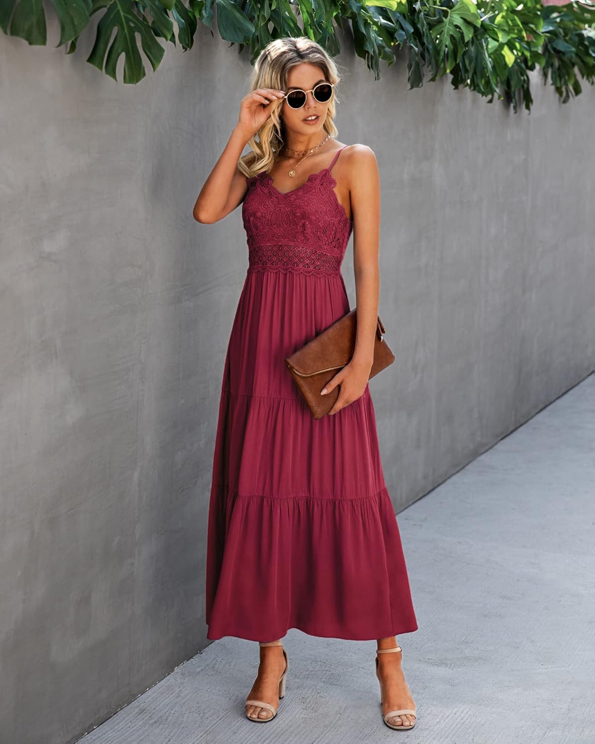 Dokuritu Women's Beach Crochet Lace Maxi Dress Solid Color Summer Vacation Spaghetti Strap Long Dress 2024