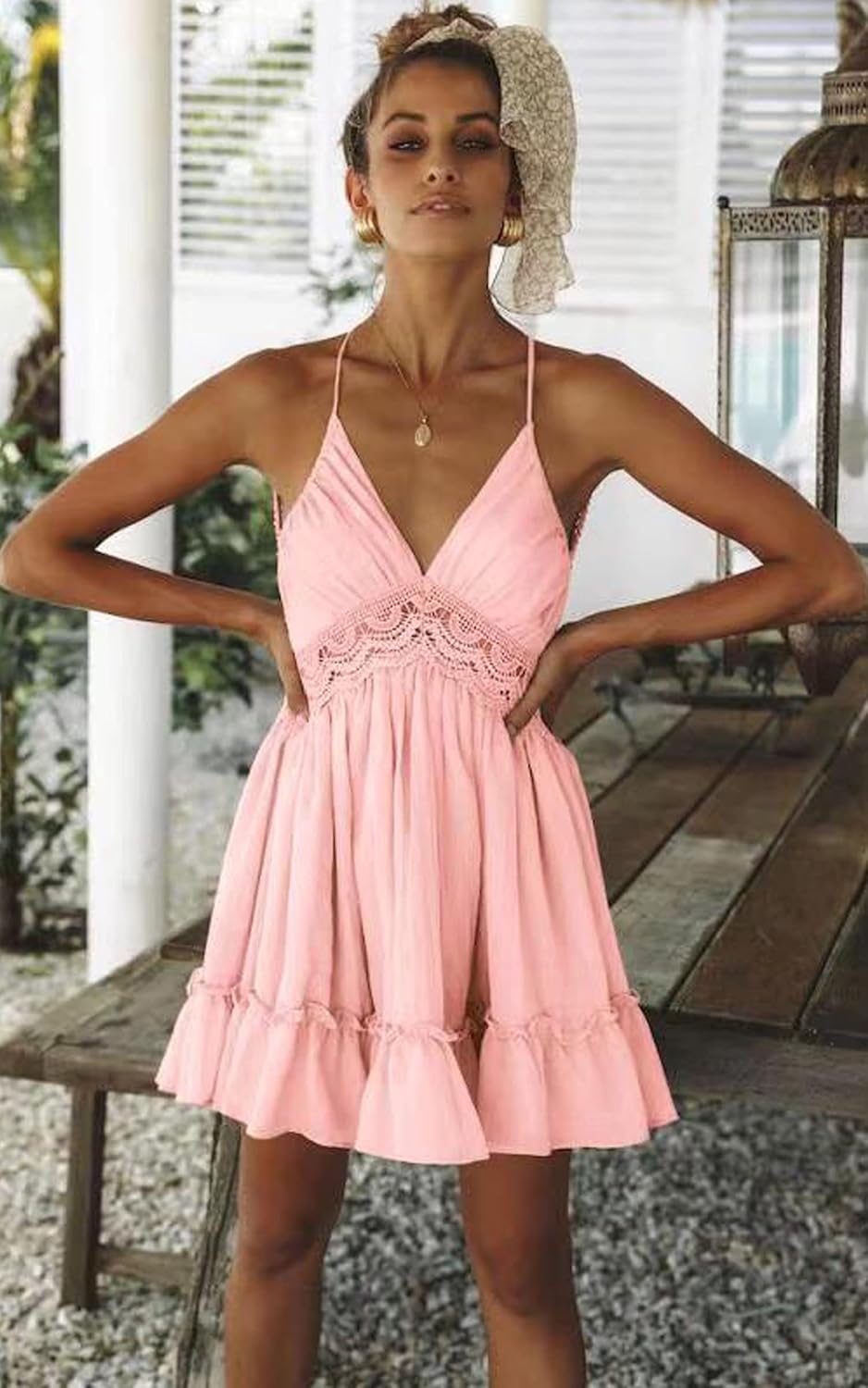 ECOWISH Summer Dresses for Women 2025 V-Neck Spaghetti Strap Bowknot Backless Sleeveless Lace Mini Swing Skater Dress