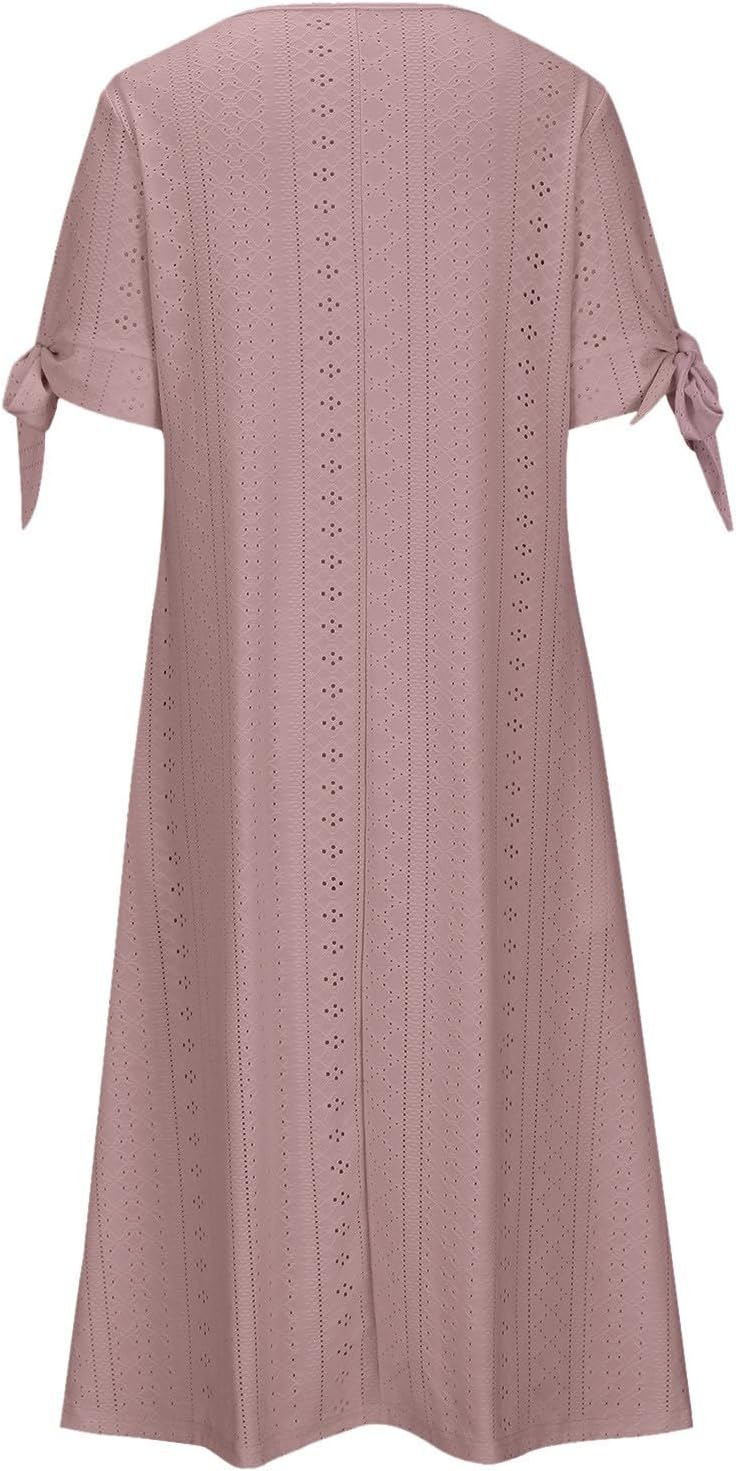 ZYXTIM Womens Eyelet Dress V Neck Short Sleeve Hollow Out Summer Beach Vacation Dresses Swing A Line Vintage Long Dresses