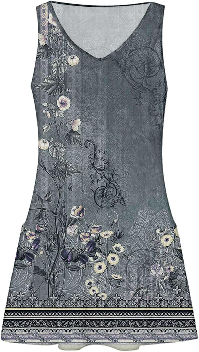 Women's Summer Dresses 2025 Beach Casual Sleeveless Floral Print Boho Tank Dress V Neck Ruffle Dresses