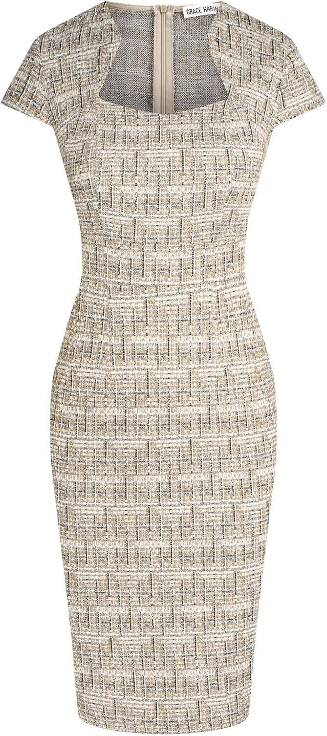GRACE KARIN Women's Gorgeous Pencil Dress Cap Sleeve Tweed Pencil Dress for Work