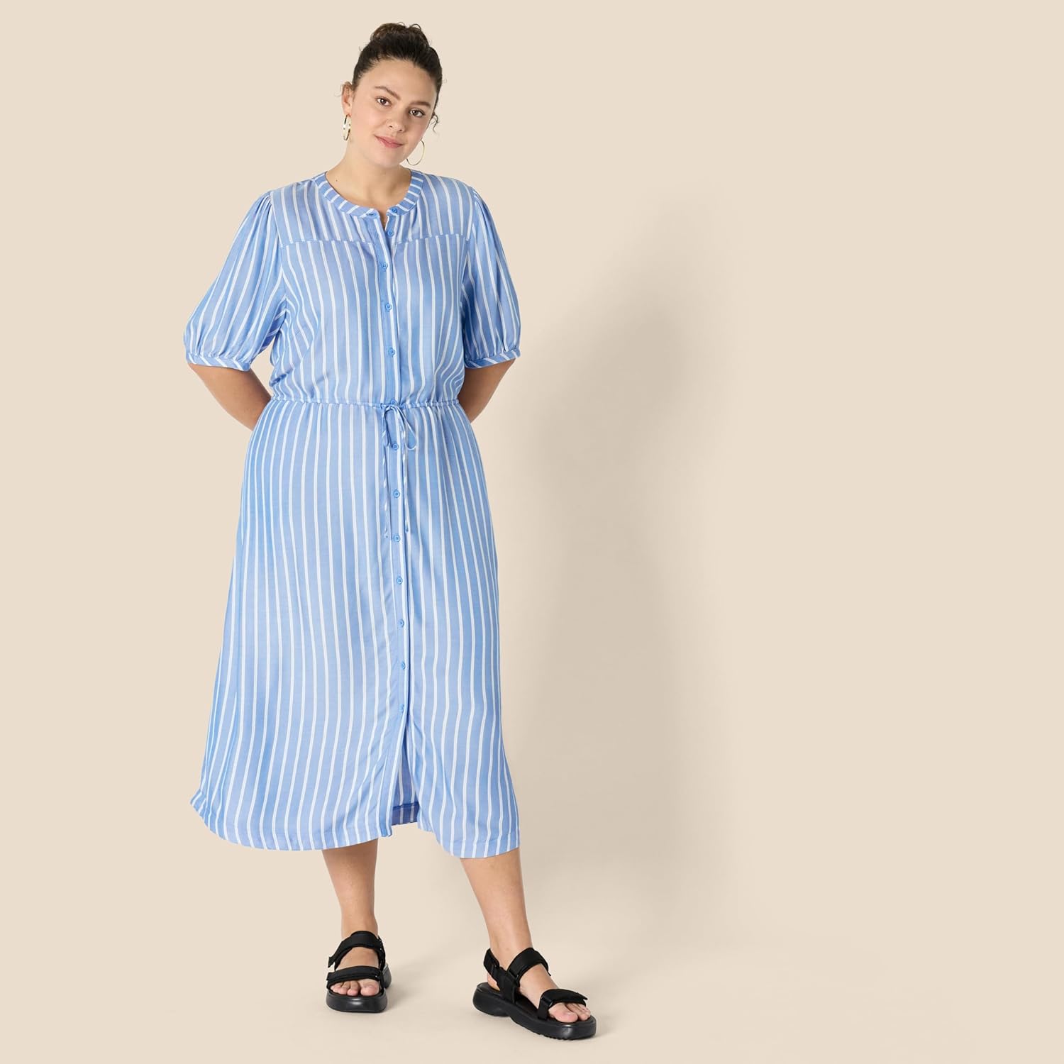 Amazon Essentials Women's Relaxed Fit Half-Sleeve Waisted Midi A-Line Dress