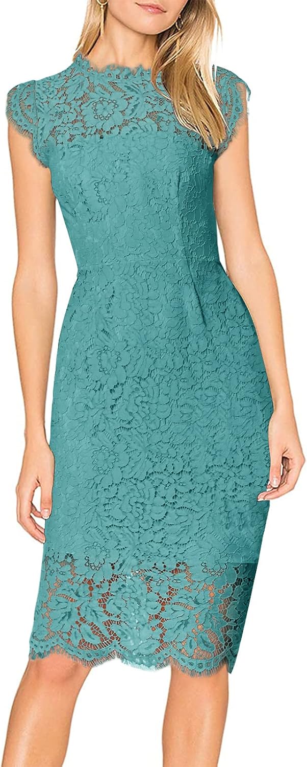 MEROKEETY Women's Sleeveless Lace Floral Elegant Cocktail Dress Crew Neck Knee Length for Party