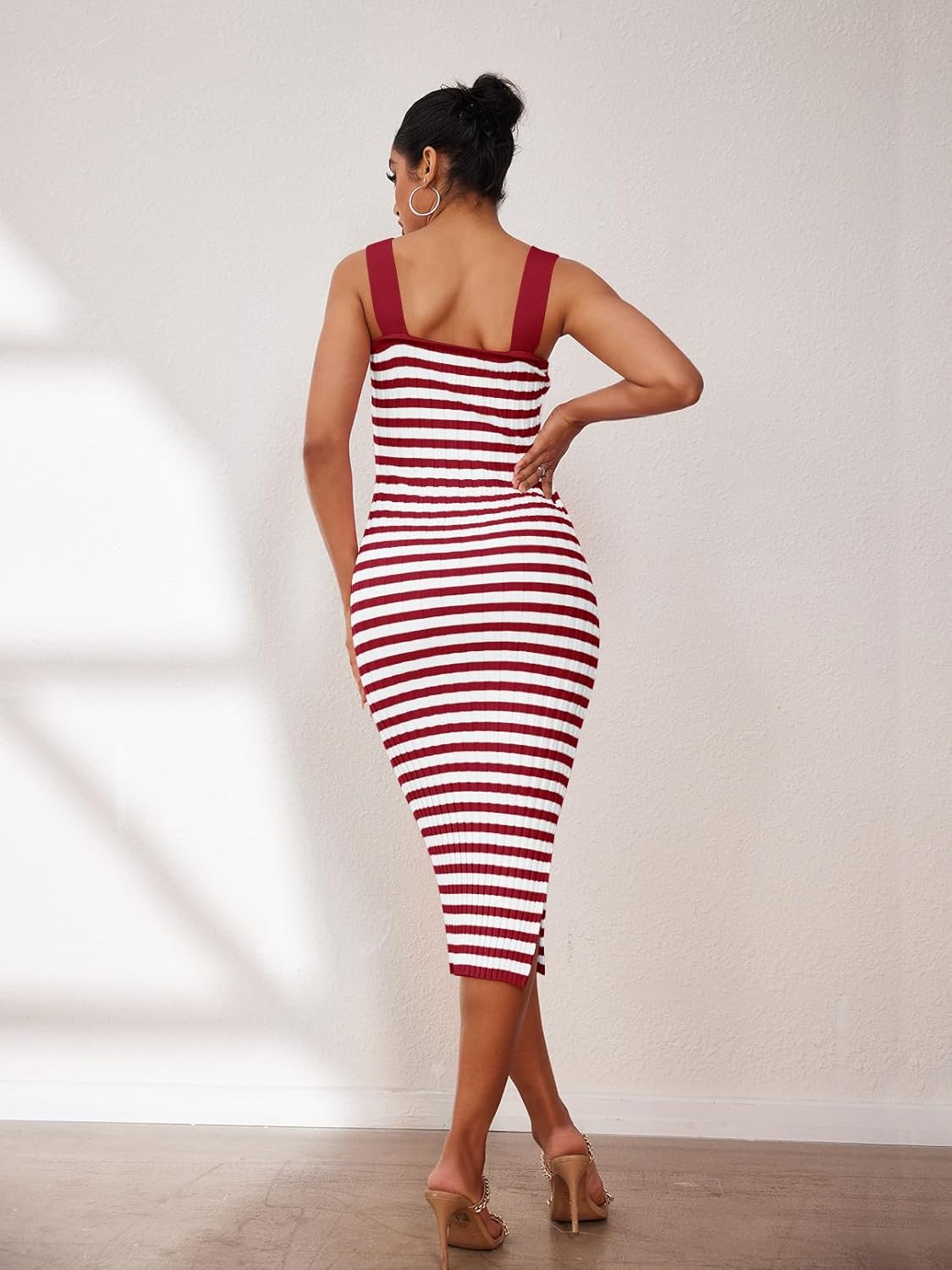 MEROKEETY Women's 2025 Summer Spring Bodycon Midi Dress Vacation Sleeveless Ribbed Knit Striped Party Sweater Dresses