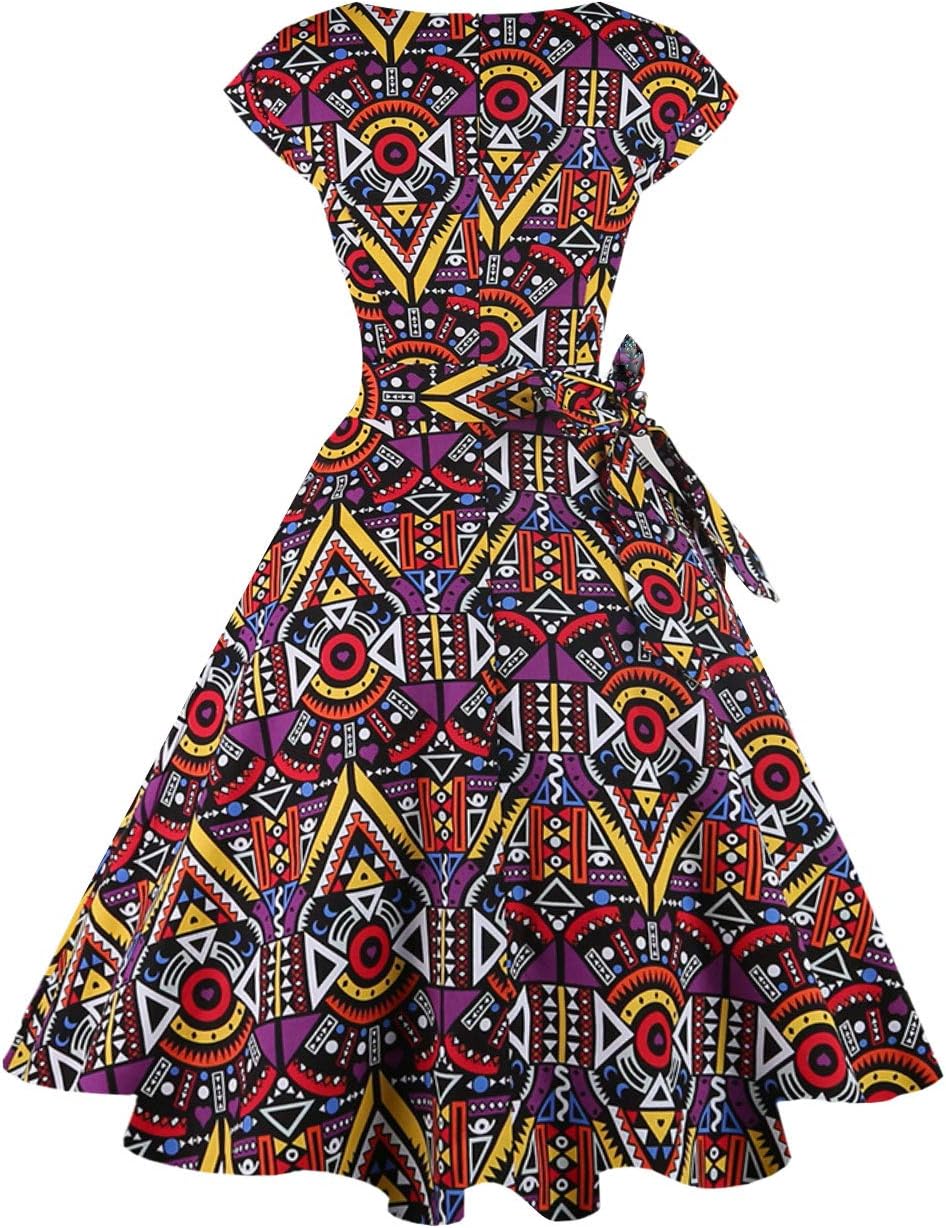 PUKAVT Women's 1950 Boatneck Cap Sleeve Vintage Swing Cocktail Party Dress with Pockets
