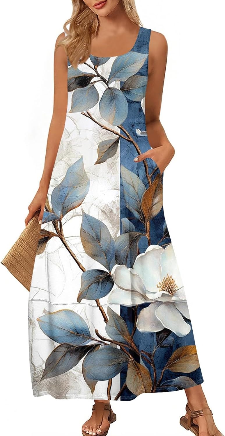 Womens Summer Tank Dress Vacation Boho Floral Long Dresses with Pockets Resort Wear Swing Beach Sleeveless Sundress