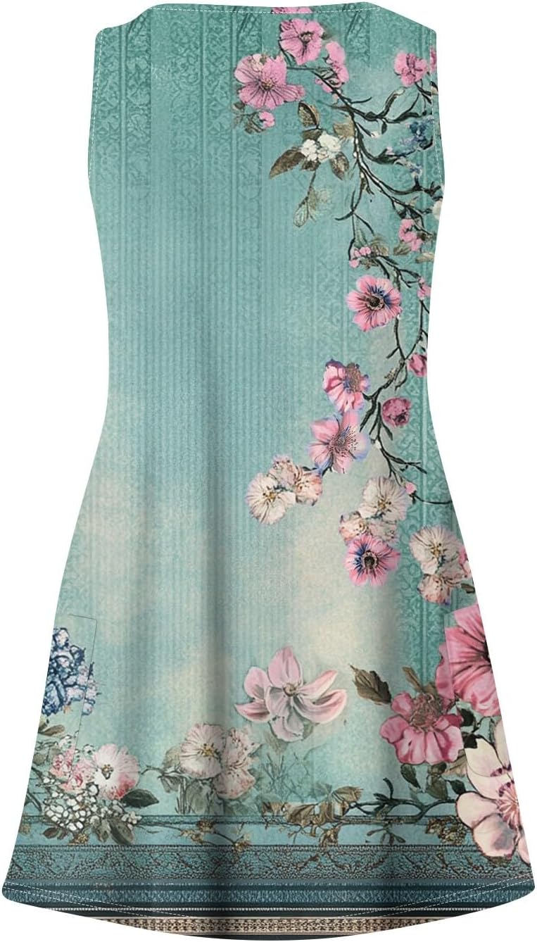 Women's Sleeveless Floral Print Summer Dress Casual V-Neck A-Line Mini Dress for Beach Party and Daily Wear