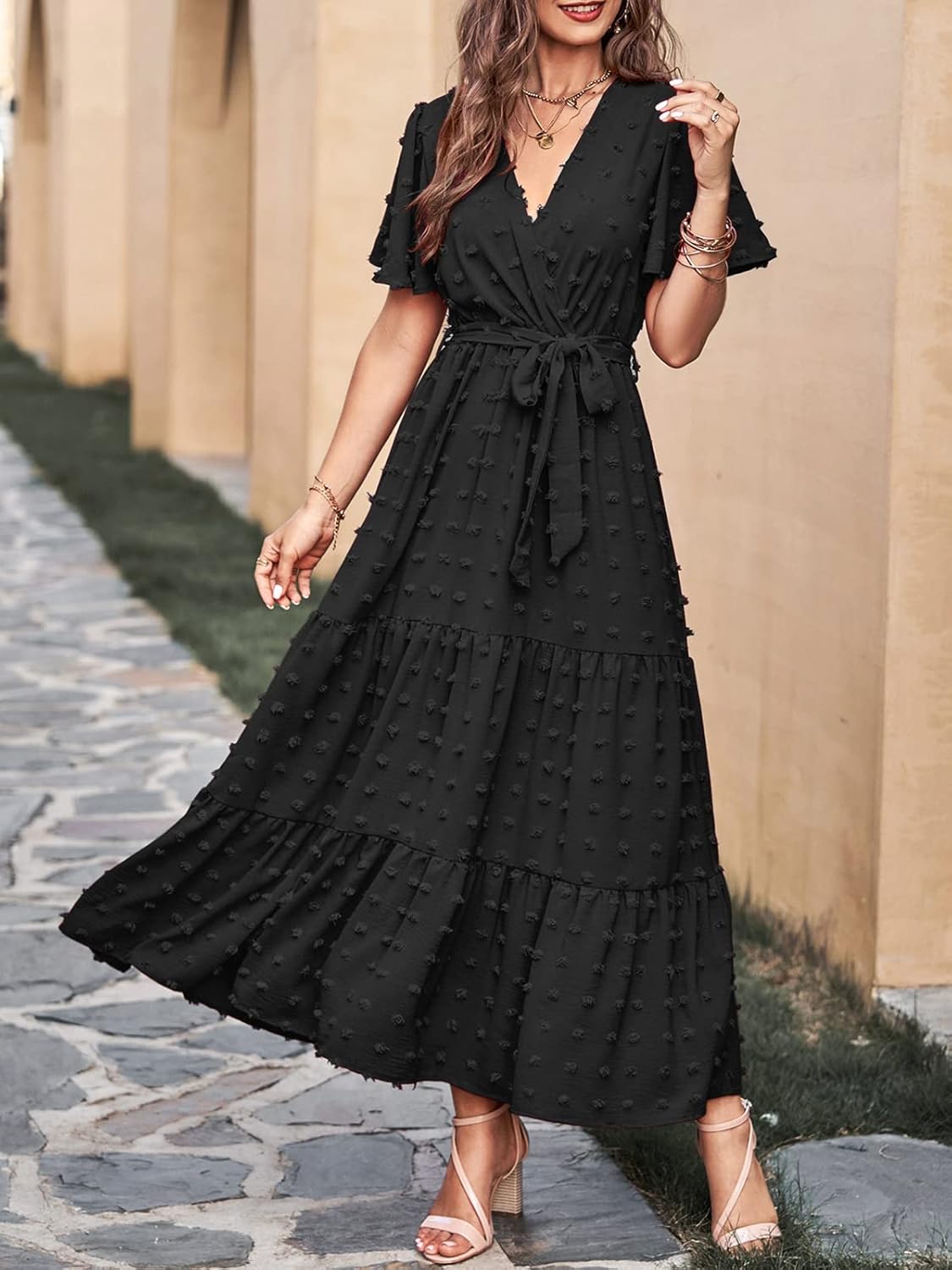MASCOMODA Womens Boho Swiss Dot Maxi Dresses Wrap V Neck Flutter Short Sleeve Solid Tie Belt A Line Tiered Flowy Long Dress