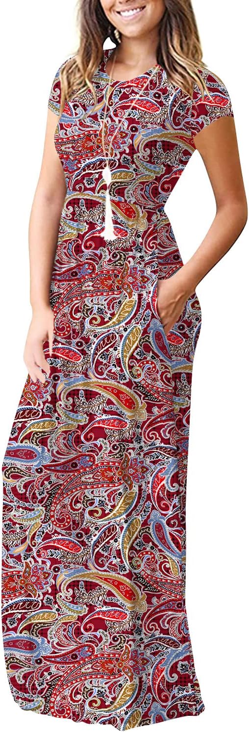 DEARCASE Maxi Dress for Women Short Sleeve Casual Summer Loose Plain Comfy Long Dresses with Pockets