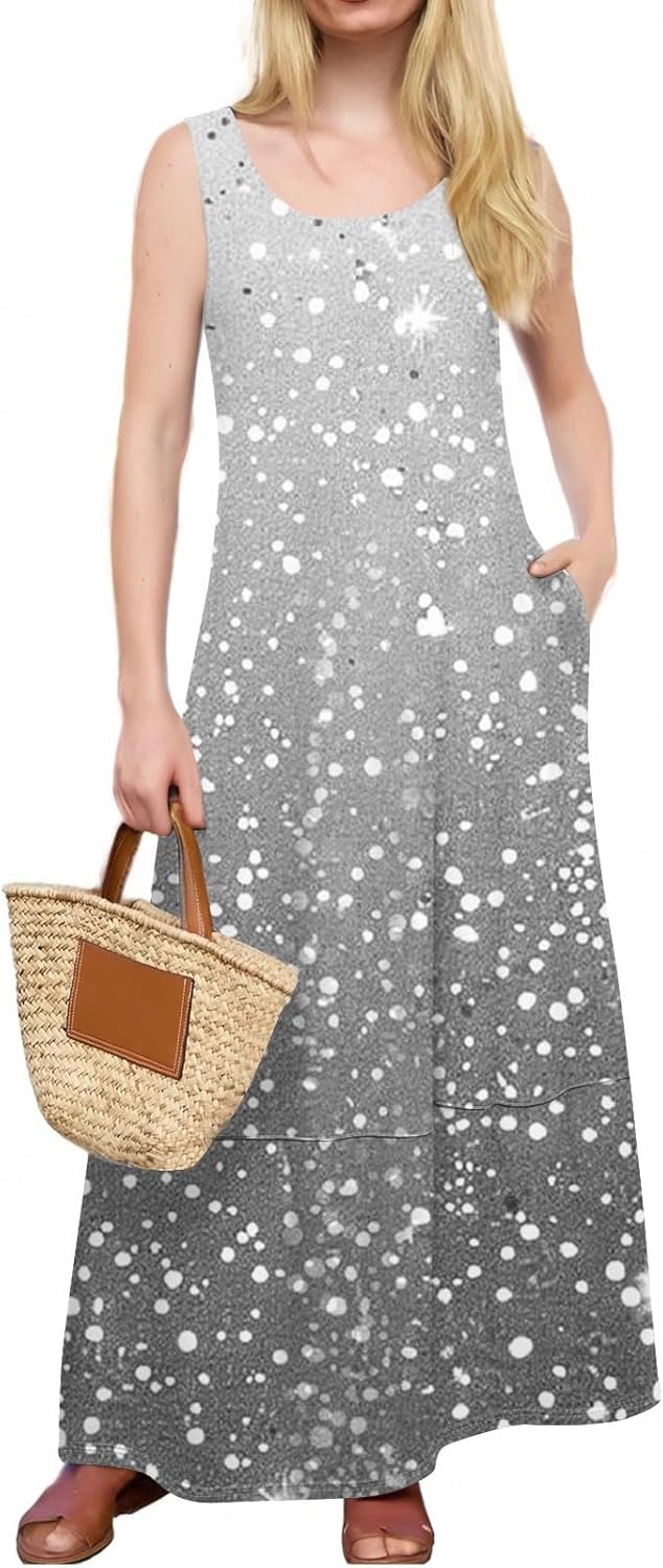 Womens Summer Tank Dress Vacation Boho Floral Long Dresses with Pockets Resort Wear Swing Beach Sleeveless Sundress