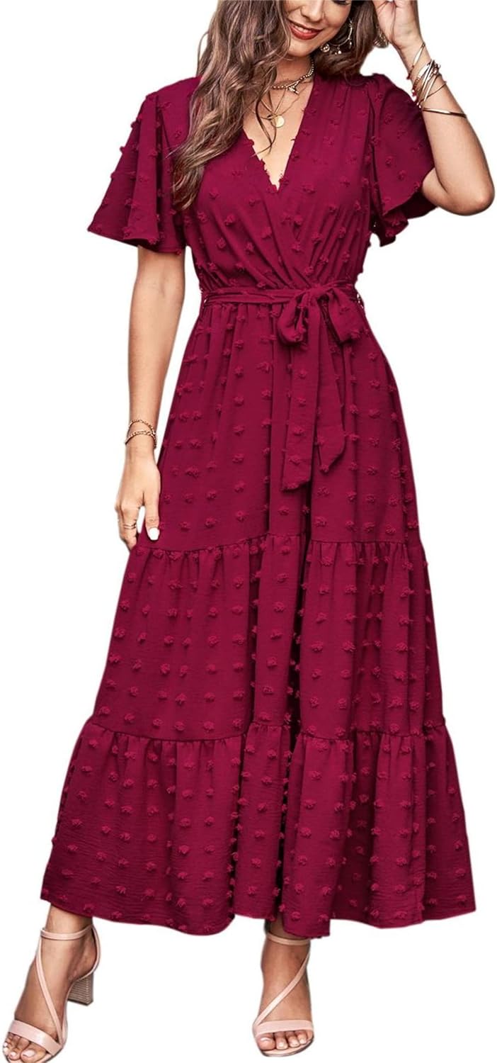 MASCOMODA Womens Boho Swiss Dot Maxi Dresses Wrap V Neck Flutter Short Sleeve Solid Tie Belt A Line Tiered Flowy Long Dress