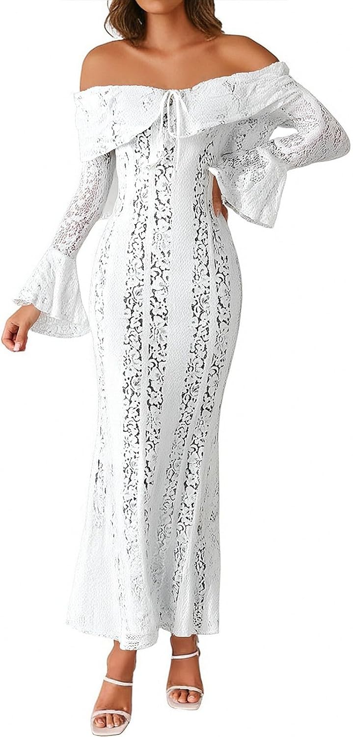 Autumn Elegant Off Shoulder Lace Maxi Dress White Women Long Sleeve Evening Party Dresses for Date Nights
