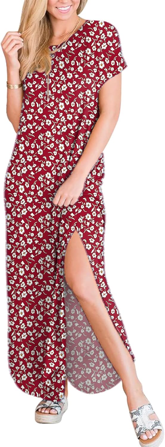 ANRABESS Women's Summer Casual Loose Short Sleeve Long T Shirt Dress Split Maxi Beach Sundress Travel Vacation Outfits