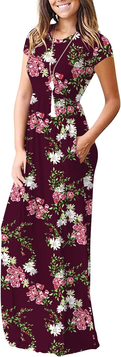 DEARCASE Maxi Dress for Women Short Sleeve Casual Summer Loose Plain Comfy Long Dresses with Pockets