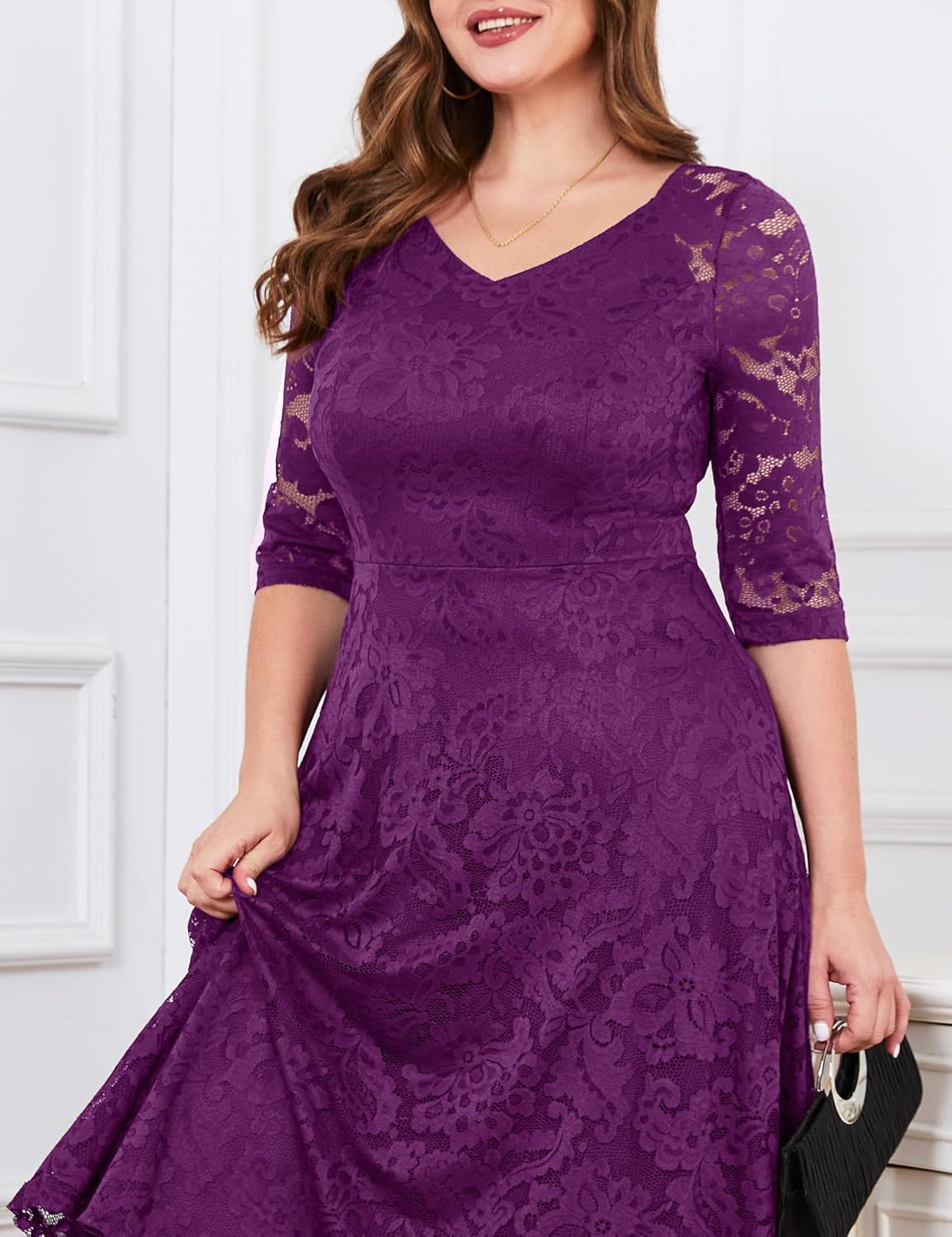 Dressystar Womens Long-Sleeve Wedding Guest Dress A-Line Lace Formal Party Cocktail Midi Dress Prom Gown
