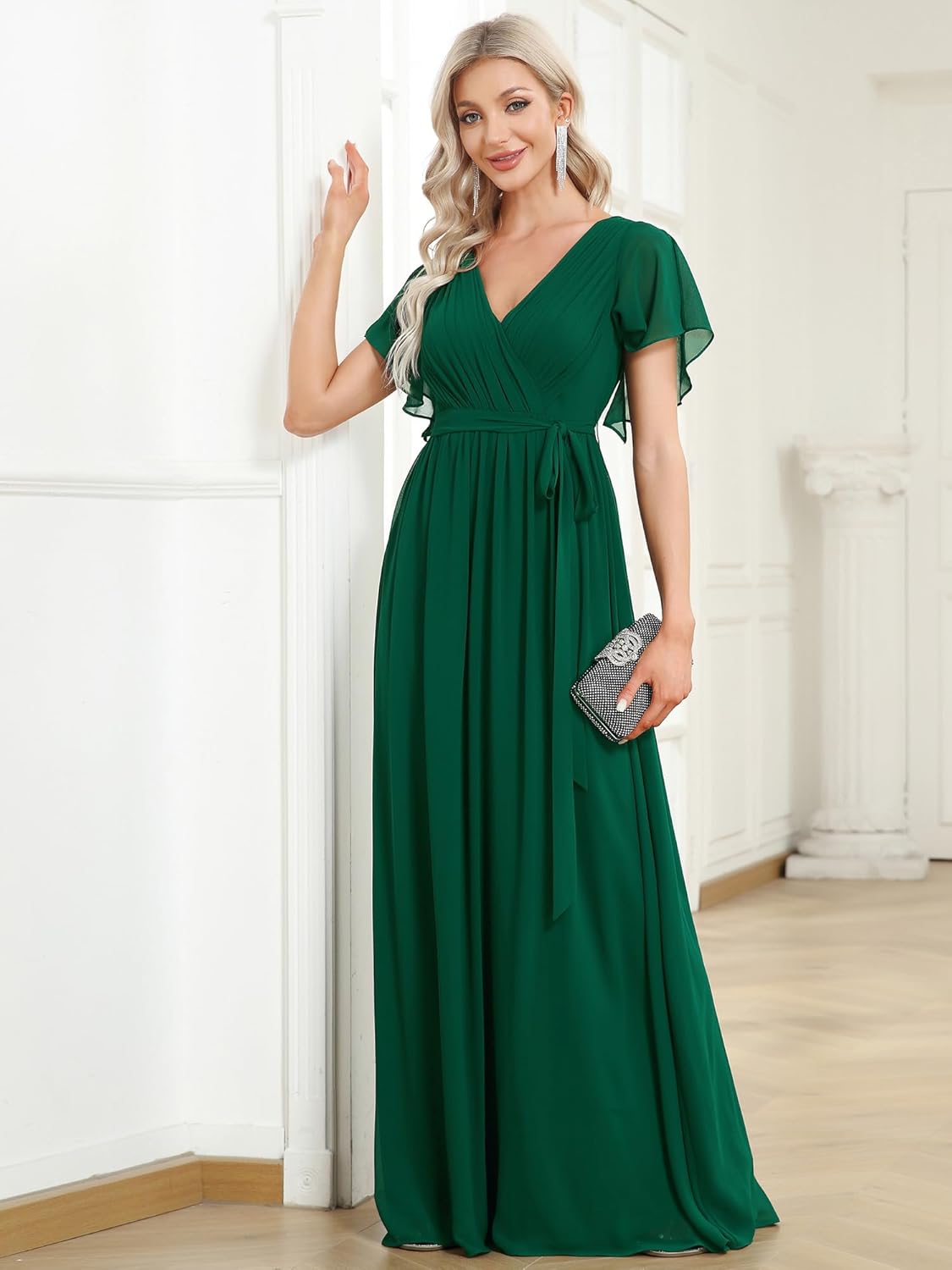 Ever-Pretty Women's Bridesmaid Dress V-Neck Ruffle Sleeves Ruched Bust Floor Length Chiffon Formal Dresses 0164A