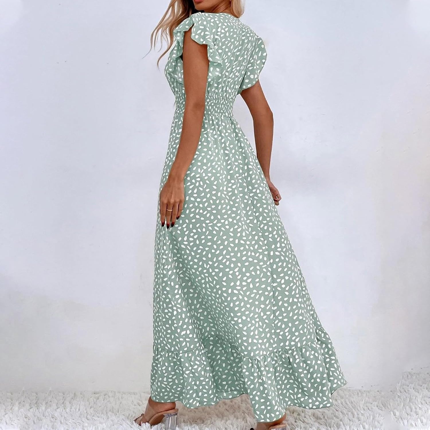 2024 Womens Summer Dresses Casual Boho Floral Ruffle Sleeve Midi Dresses Trendy Tie Waist V-Neck Sundress Beach Dress