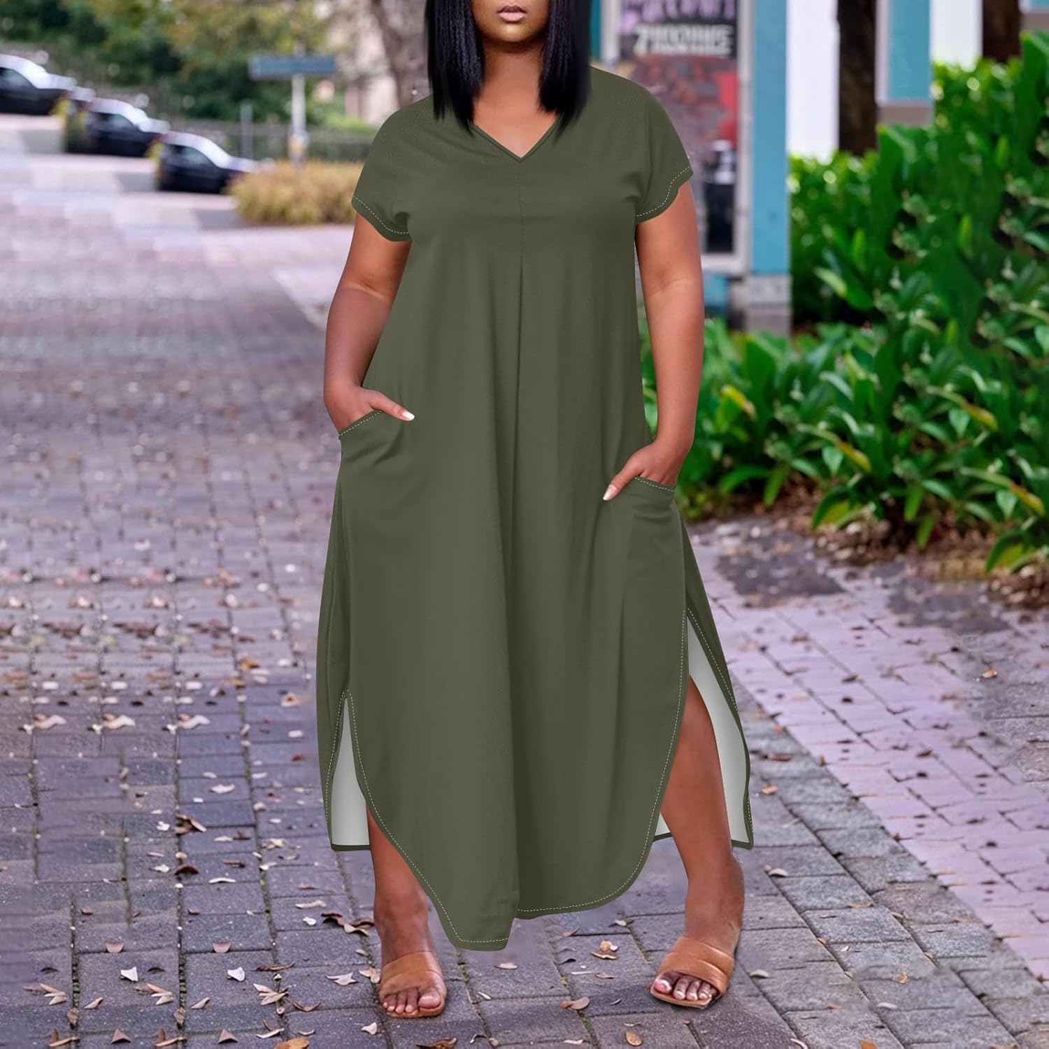 Maxi Dresses for Women 2025 Plus Size Tie Dye V Neck Dress Short Sleeve Side Split Beach Summer Sundress with Pocket