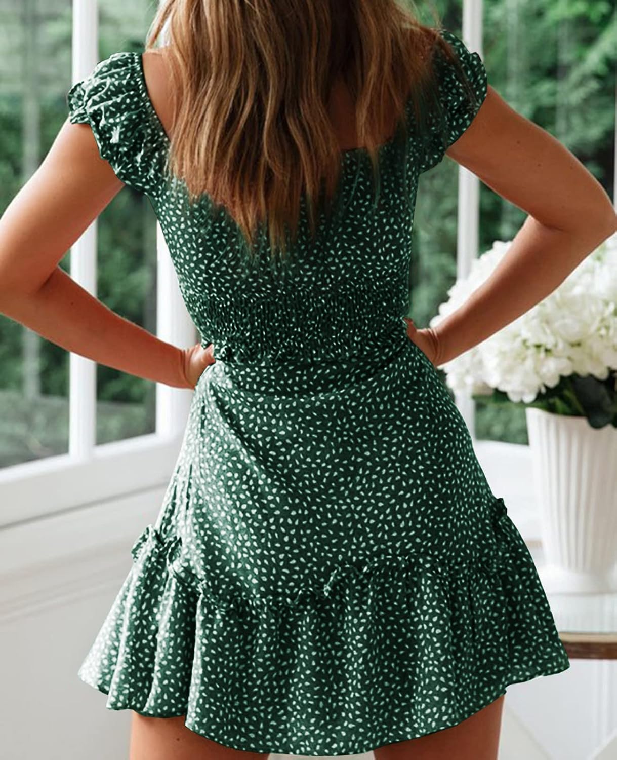 YOBECHO Women's Summer Ruffle Sleeve Sweetheart Neckline Printing Dress Mini Dress