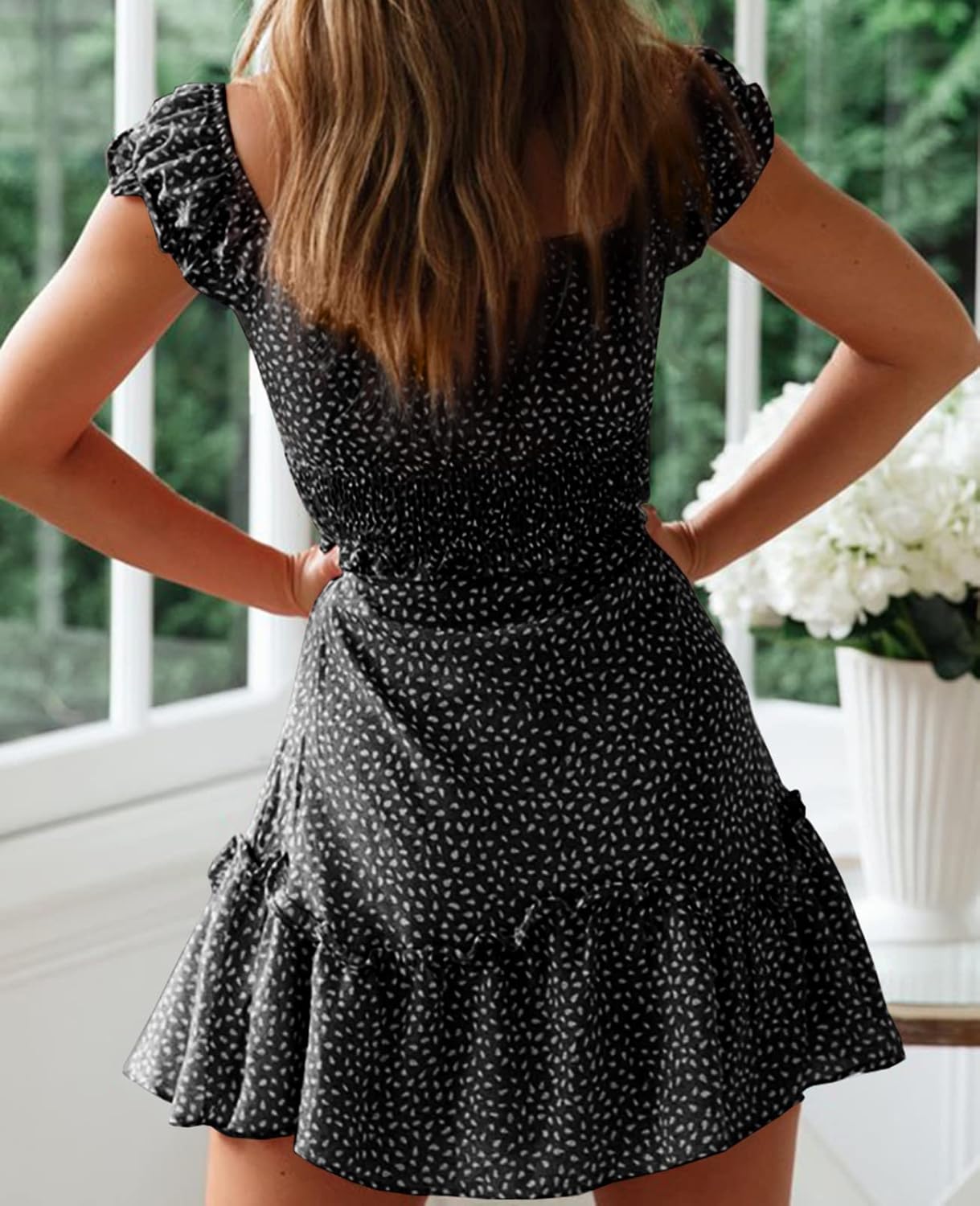 YOBECHO Women's Summer Ruffle Sleeve Sweetheart Neckline Printing Dress Mini Dress