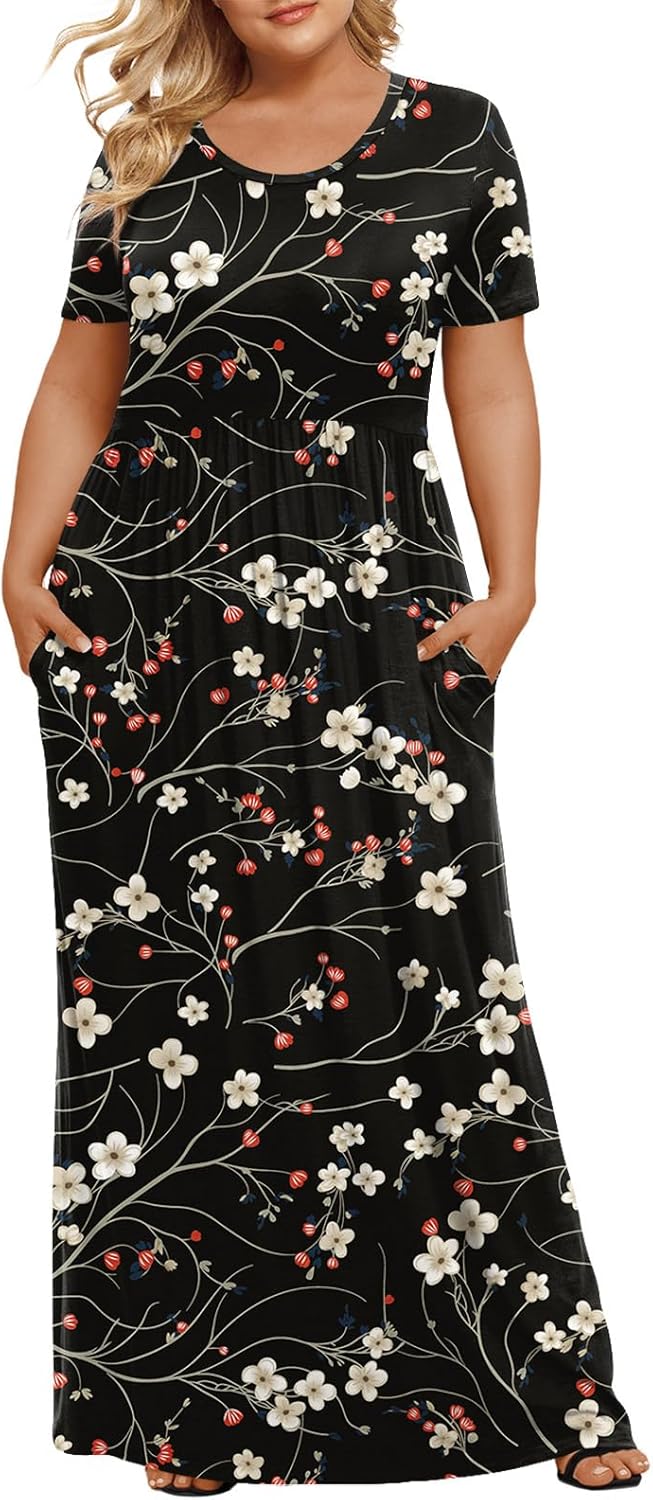 LONGYUAN Women's Plus Size Maxi Dresses for Curvy Women Summer Short Sleeve Casual 2025 Long Dress XL-6XL