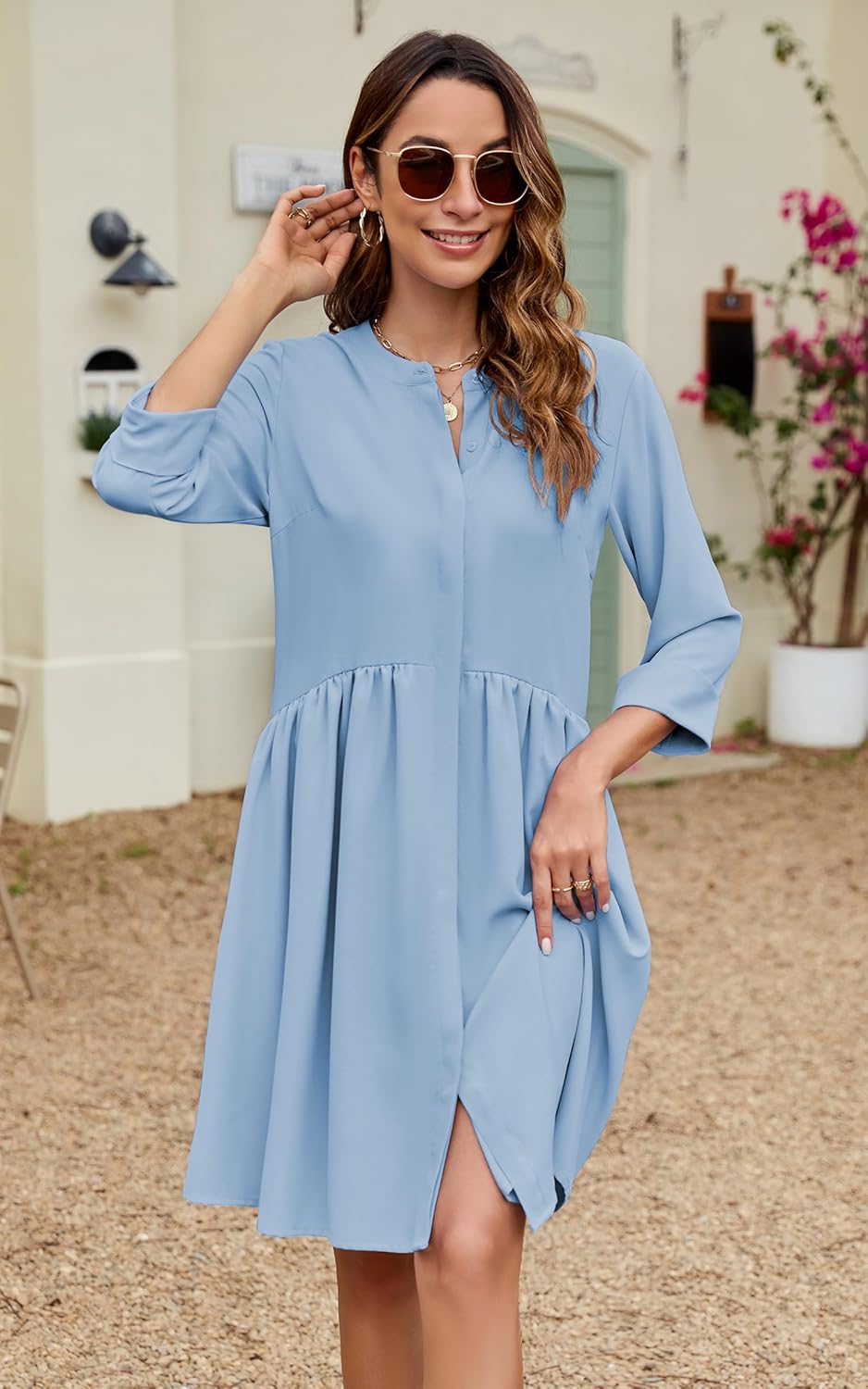 CCTOO Women's Summer Dresses Casual V Neck Button Down 3/4 Sleeve Floral Print Loose Flowy Shirt Dress