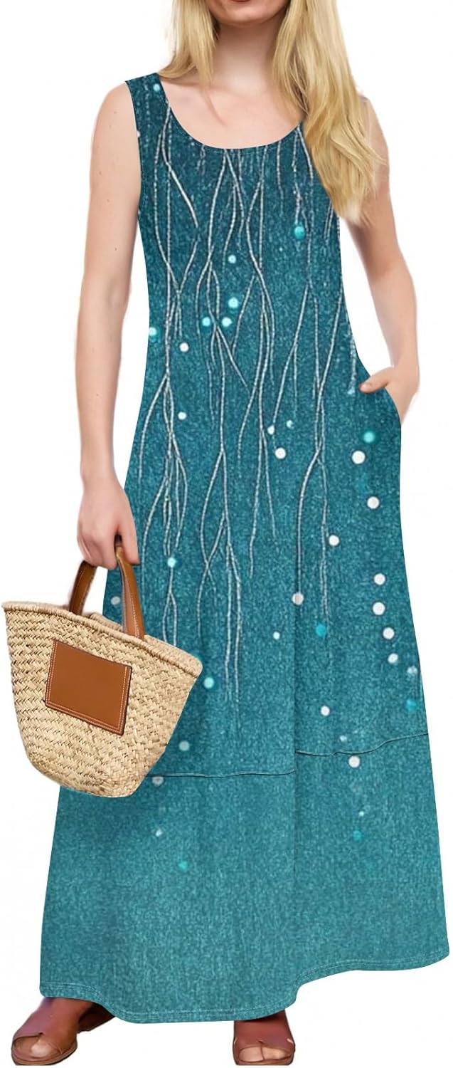 Womens Summer Tank Dress Vacation Boho Floral Long Dresses with Pockets Resort Wear Swing Beach Sleeveless Sundress