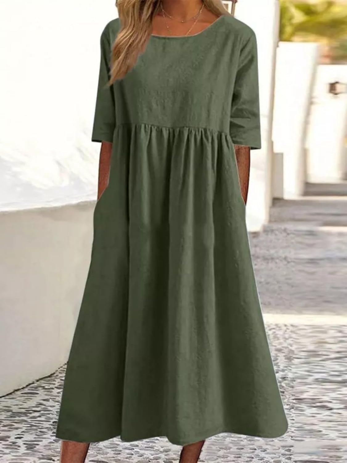 Womens Oversized Baggy Flowy Cotton Linen Maxi Dresses Summer Beach Short Sleeve Round Neck Pleated Dress Sundress