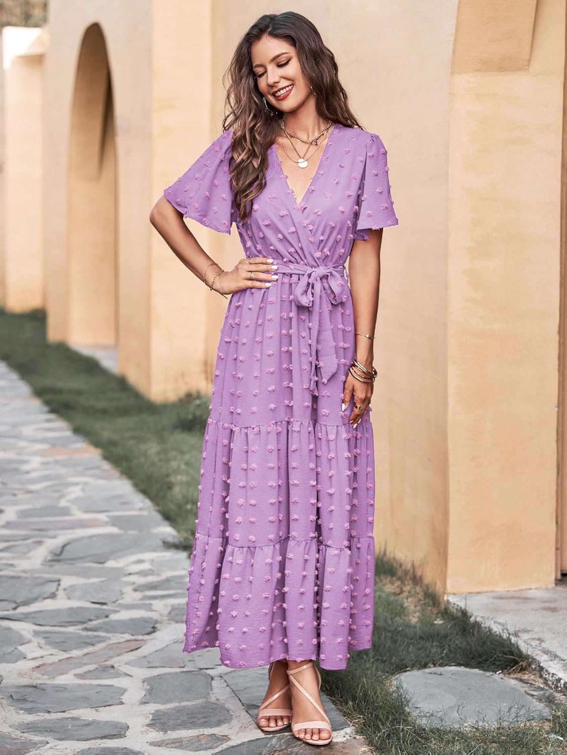 MASCOMODA Womens Boho Swiss Dot Maxi Dresses Wrap V Neck Flutter Short Sleeve Solid Tie Belt A Line Tiered Flowy Long Dress