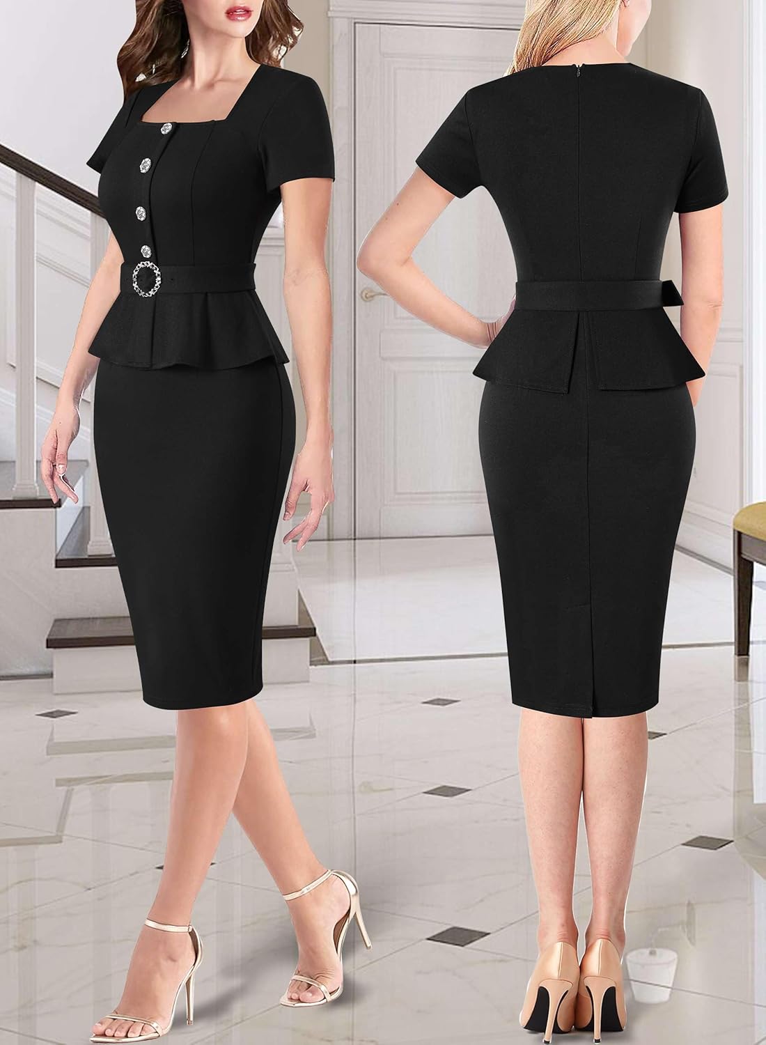 VFSHOW Womens 2024 Business Work Office Square Neck Belted Peplum Buttons Slim Bodycon Sheath Dress