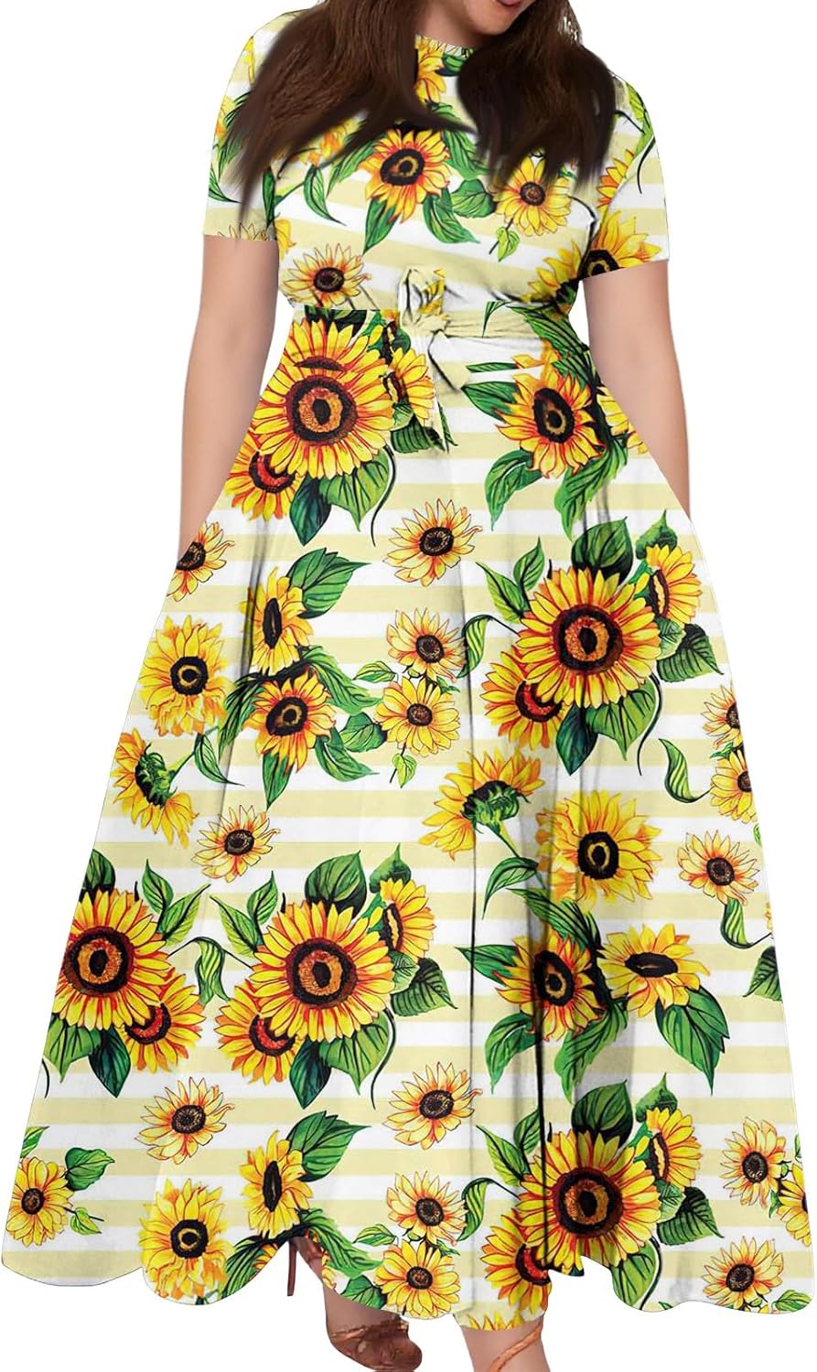 ZEFOTIM Maxi Dress for Women Plus Size Cute Floral Dress Short Sleeve Crew Neck Dresses