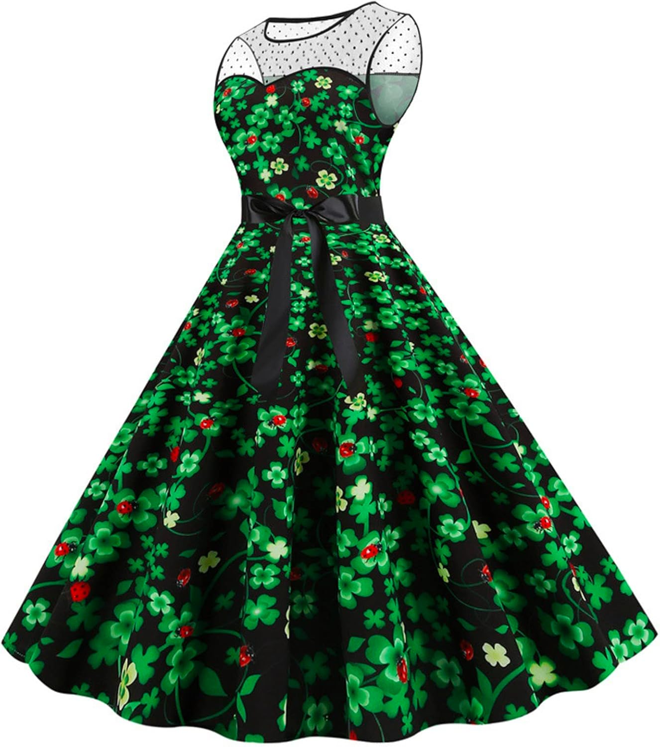 aihihe St Patricks Day Dress for Women A Line Pleated Hepburn Dress Lukcy Shamrock Print Irish Dress 2024 Vintage Dress