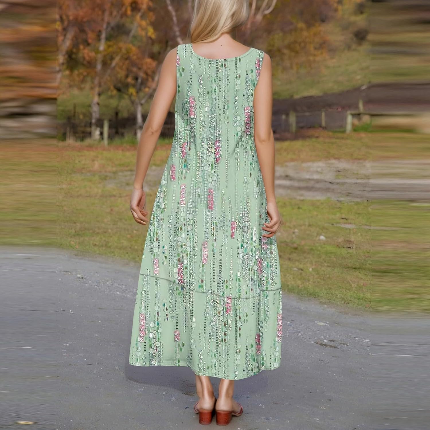 Womens Summer Tank Dress Vacation Boho Floral Long Dresses with Pockets Resort Wear Swing Beach Sleeveless Sundress