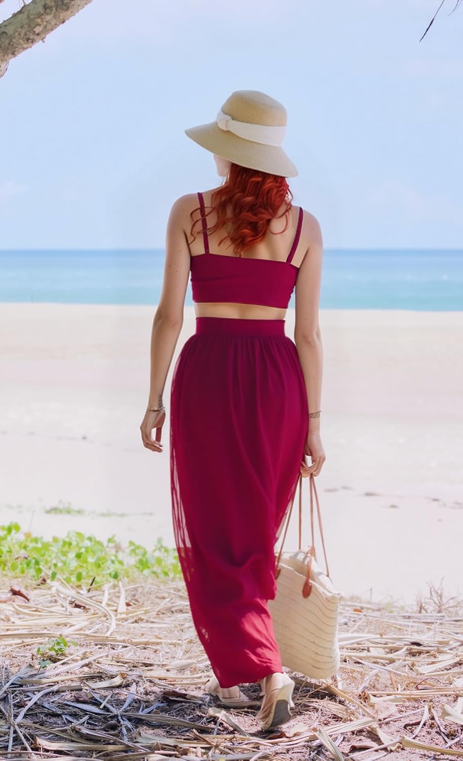 Women Sexy 2 Piece Outfits Dress Chiffon Strap Deep V Neck Bra Crop Top High Split Maxi Dresses Skirt Set