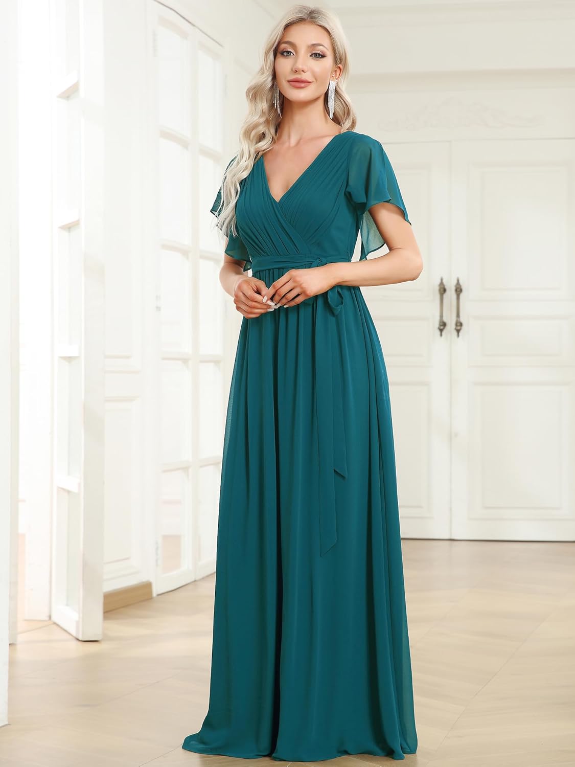 Ever-Pretty Women's Bridesmaid Dress V-Neck Ruffle Sleeves Ruched Bust Floor Length Chiffon Formal Dresses 0164A