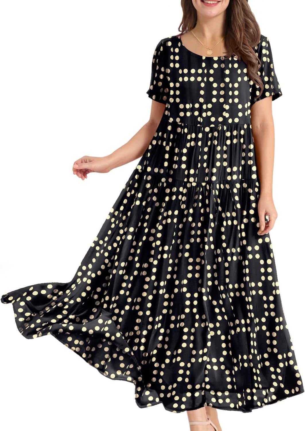 YESNO Women Casual Loose Bohemian Floral Dress with Pockets Short Sleeve Long Maxi Summer Beach Swing Dress EJF