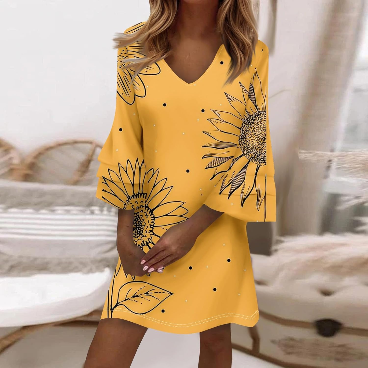 Beach Dresses for Women,2025 Summer Trendy Floral Print Boho Dress,Casual Loose V Neck Bell 3/4 Sleeve Mini Dress