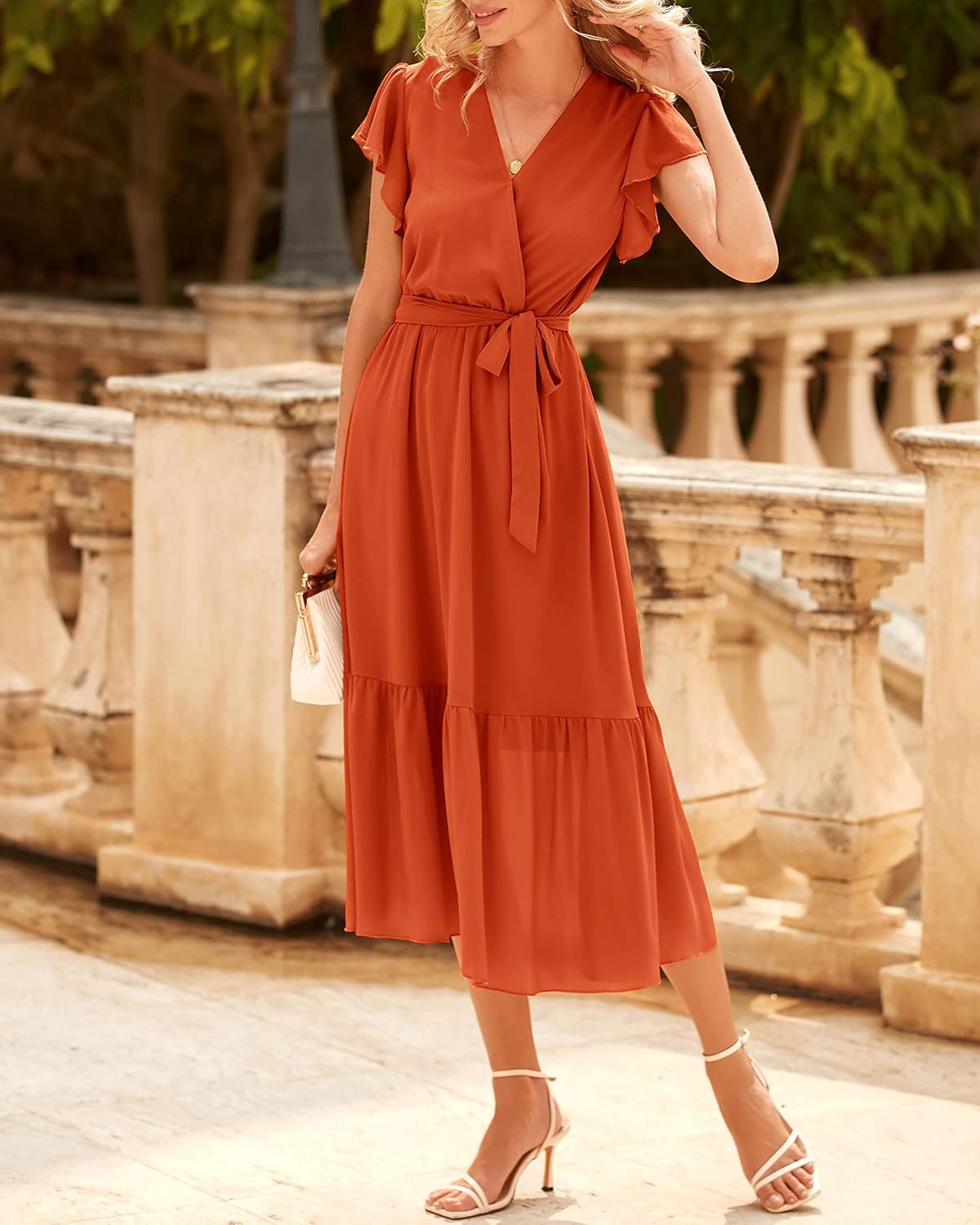 BTFBM Women Summer Bohemian Floral Casual Wrap V Neck Ruffle Cap Sleeveless Belt A-Line Pleated Hem Midi Sun Dress White