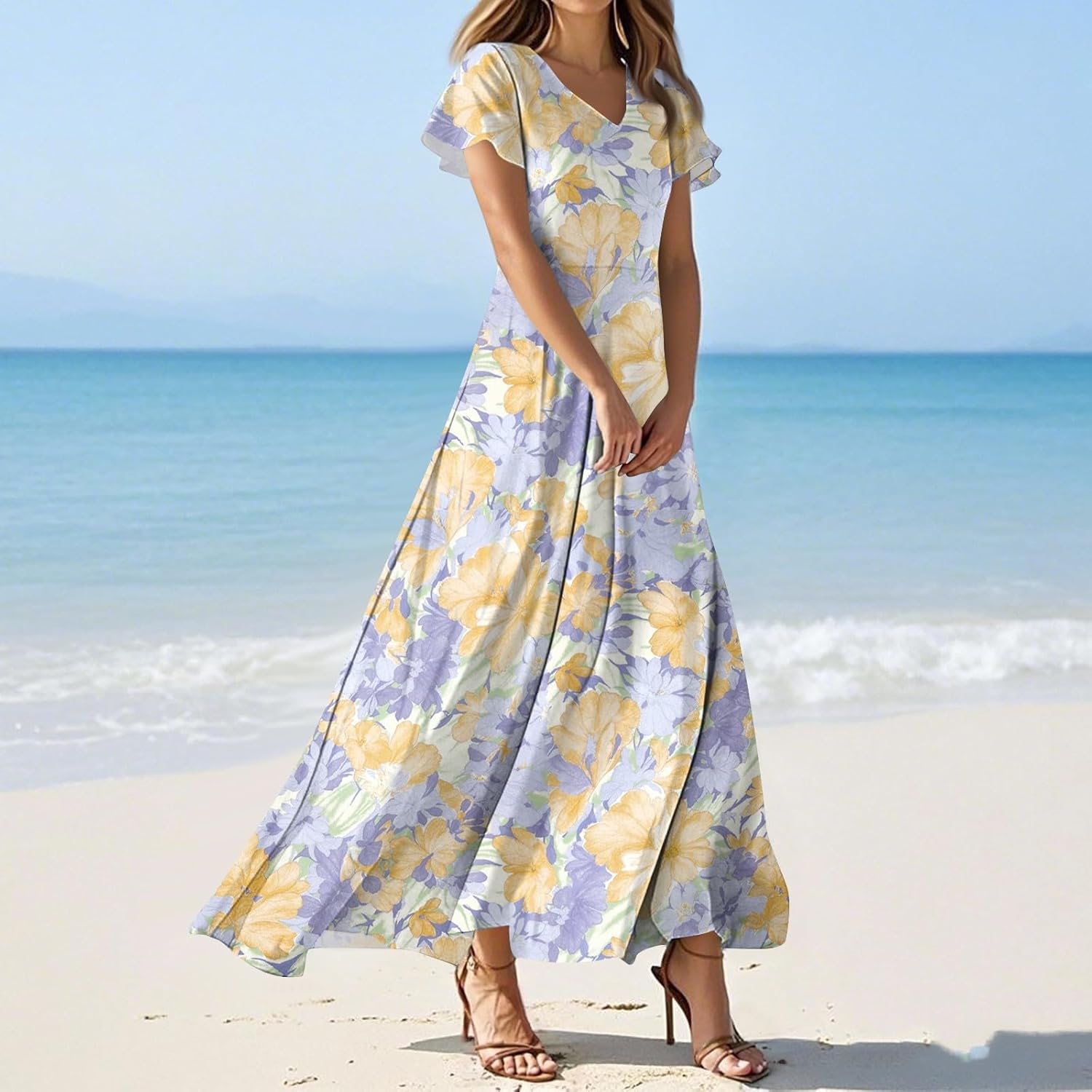 Womens Fashion V Neck Ruffle Short Sleeve Maxi Dress 2025 Summer Elegant Solid Color Flowy A Line Dresses