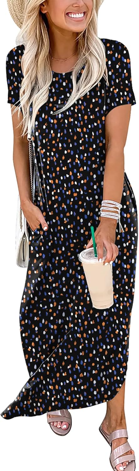 ANRABESS Women's Summer Casual Loose Short Sleeve Long T Shirt Dress Split Maxi Beach Sundress Travel Vacation Outfits