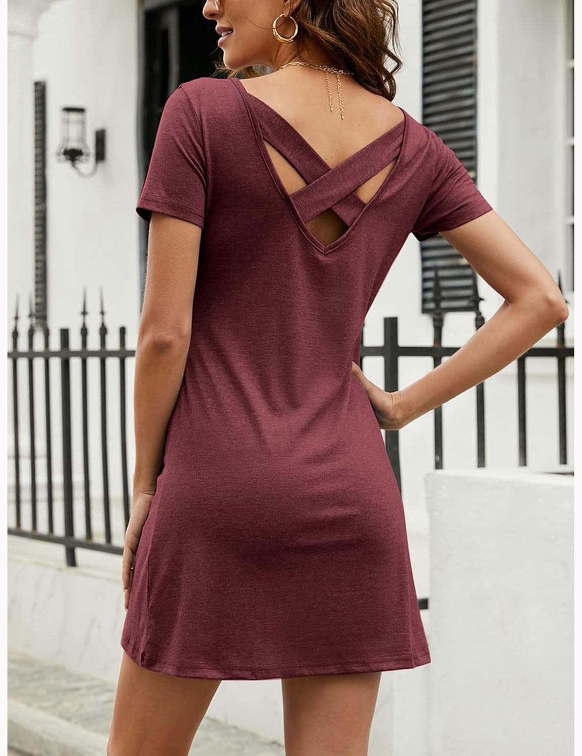 Feager Women's Casual Striped Criss Cross Short Sleeve T Shirt Dress
