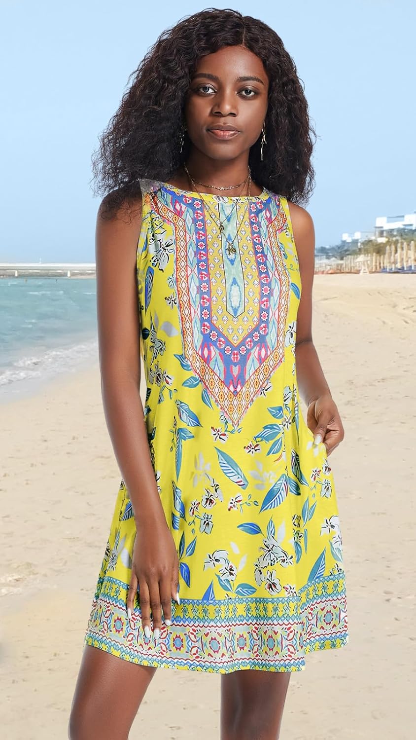 Summer Dresses for Women Beach Boho Sleeveless Vintage Floral Flowy Pocket Tshirt Tank Sundresses