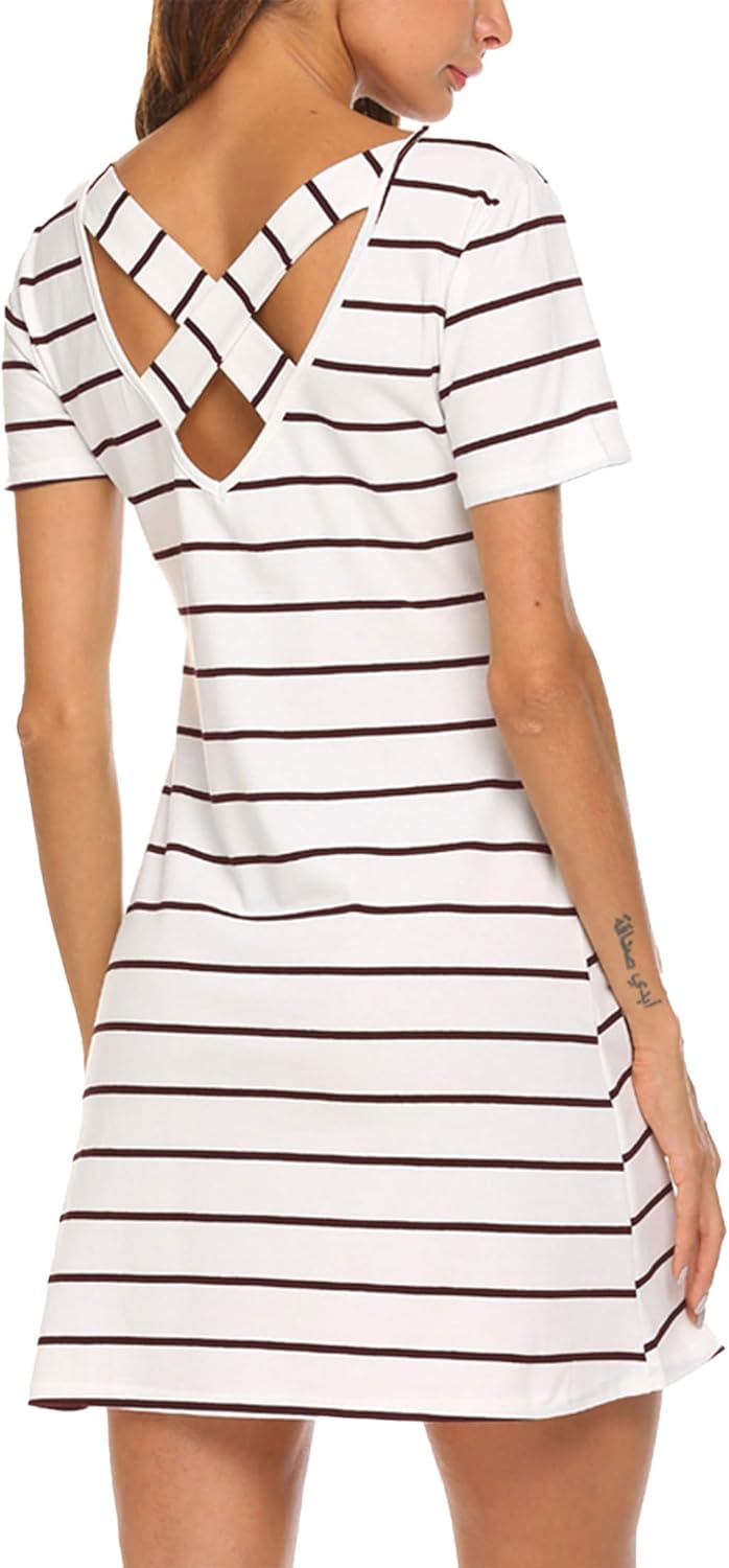 Feager Women's Casual Striped Criss Cross Short Sleeve T Shirt Dress